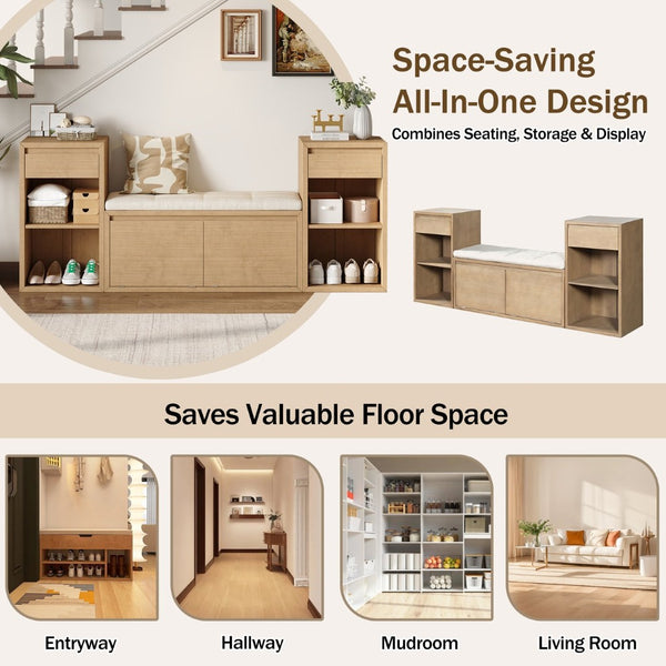 English Elm Trexm Cushioned Mudroom Bench with Flip Compartments Drawers and Open Shelving Brown N715P437150D
