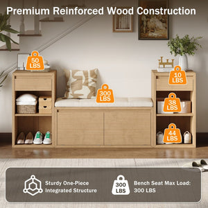 English Elm Trexm Cushioned Mudroom Bench with Flip Compartments Drawers and Open Shelving Brown N715P437150D