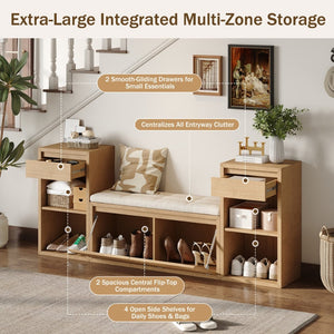 English Elm Trexm Cushioned Mudroom Bench with Flip Compartments Drawers and Open Shelving Brown N715P437150D