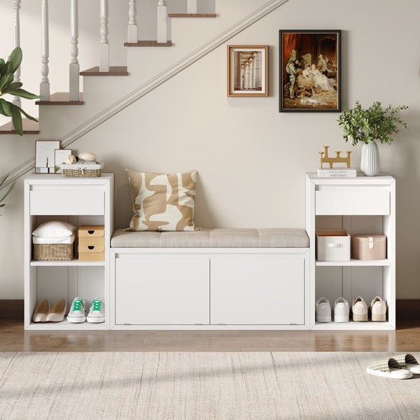 English Elm Trexm Cushioned Mudroom Bench with Flip Compartments Drawers and Open Shelving White N715P437150K