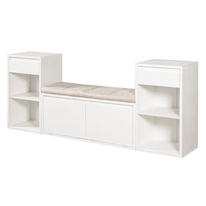 English Elm Trexm Cushioned Mudroom Bench with Flip Compartments Drawers and Open Shelving White N715P437150K