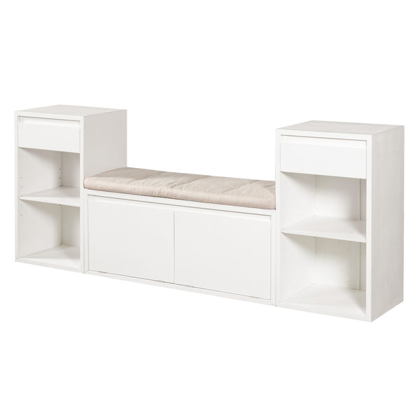 English Elm Trexm Cushioned Mudroom Bench with Flip Compartments Drawers and Open Shelving White N715P437150K