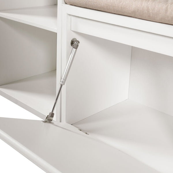 English Elm Trexm Cushioned Mudroom Bench with Flip Compartments Drawers and Open Shelving White N715P437150K