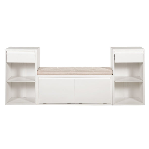 English Elm Trexm Cushioned Mudroom Bench with Flip Compartments Drawers and Open Shelving White N715P437150K