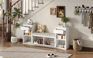 English Elm Trexm Cushioned Mudroom Bench with Flip Compartments Drawers and Open Shelving White N715P437150K