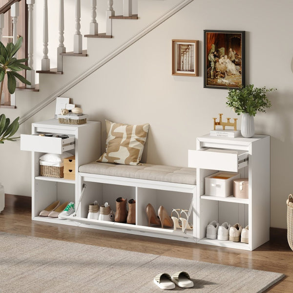 English Elm Trexm Cushioned Mudroom Bench with Flip Compartments Drawers and Open Shelving White N715P437150K