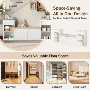English Elm Trexm Cushioned Mudroom Bench with Flip Compartments Drawers and Open Shelving White N715P437150K