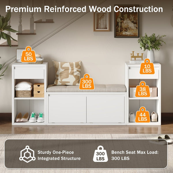 English Elm Trexm Cushioned Mudroom Bench with Flip Compartments Drawers and Open Shelving White N715P437150K