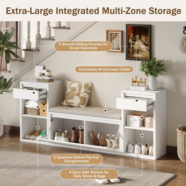 English Elm Trexm Cushioned Mudroom Bench with Flip Compartments Drawers and Open Shelving White N715P437150K