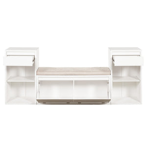 English Elm Trexm Cushioned Mudroom Bench with Flip Compartments Drawers and Open Shelving White N715P437150K