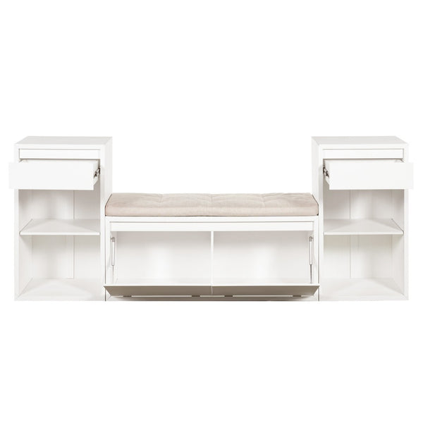 English Elm Trexm Cushioned Mudroom Bench with Flip Compartments Drawers and Open Shelving White N715P437150K