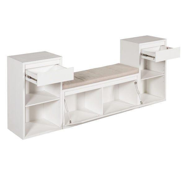 English Elm Trexm Cushioned Mudroom Bench with Flip Compartments Drawers and Open Shelving White N715P437150K