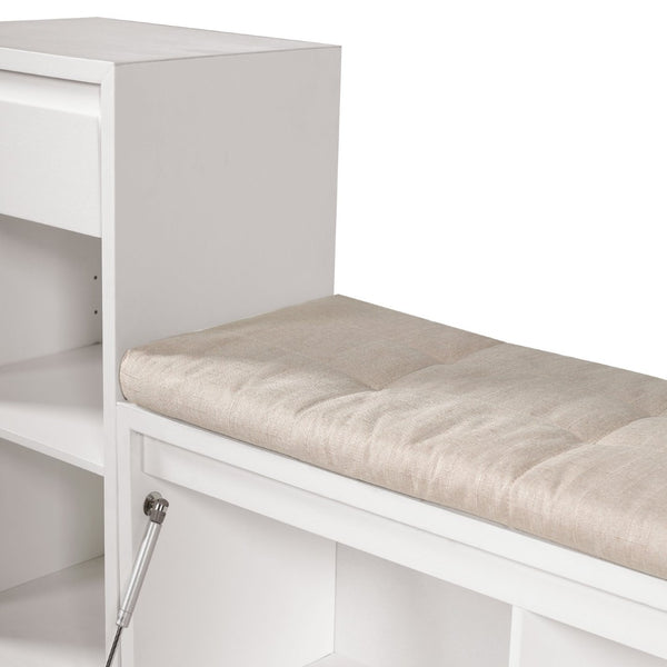 English Elm Trexm Cushioned Mudroom Bench with Flip Compartments Drawers and Open Shelving White N715P437150K