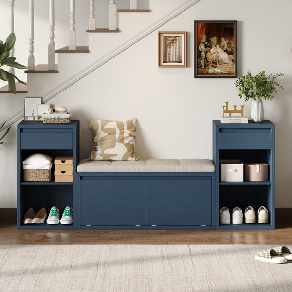 English Elm Trexm Cushioned Mudroom Bench with Flip Compartments Drawers and Open Shelving Antique Navy N715P437150M