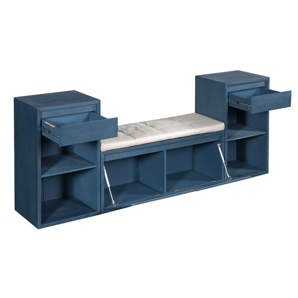 English Elm Trexm Cushioned Mudroom Bench with Flip Compartments Drawers and Open Shelving Antique Navy N715P437150M