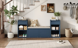 English Elm Trexm Cushioned Mudroom Bench with Flip Compartments Drawers and Open Shelving Antique Navy N715P437150M