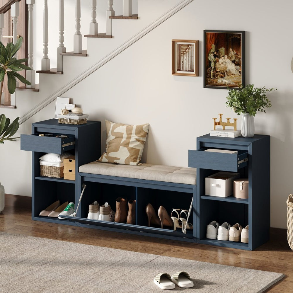 English Elm Trexm Cushioned Mudroom Bench with Flip Compartments Drawers and Open Shelving Antique Navy N715P437150M