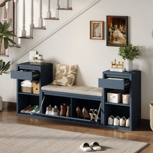 English Elm Trexm Cushioned Mudroom Bench with Flip Compartments Drawers and Open Shelving Antique Navy N715P437150M