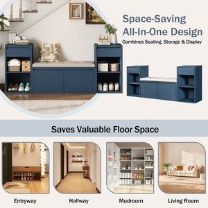 English Elm Trexm Cushioned Mudroom Bench with Flip Compartments Drawers and Open Shelving Antique Navy N715P437150M