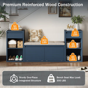 English Elm Trexm Cushioned Mudroom Bench with Flip Compartments Drawers and Open Shelving Antique Navy N715P437150M