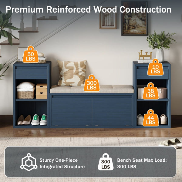 English Elm Trexm Cushioned Mudroom Bench with Flip Compartments Drawers and Open Shelving Antique Navy N715P437150M