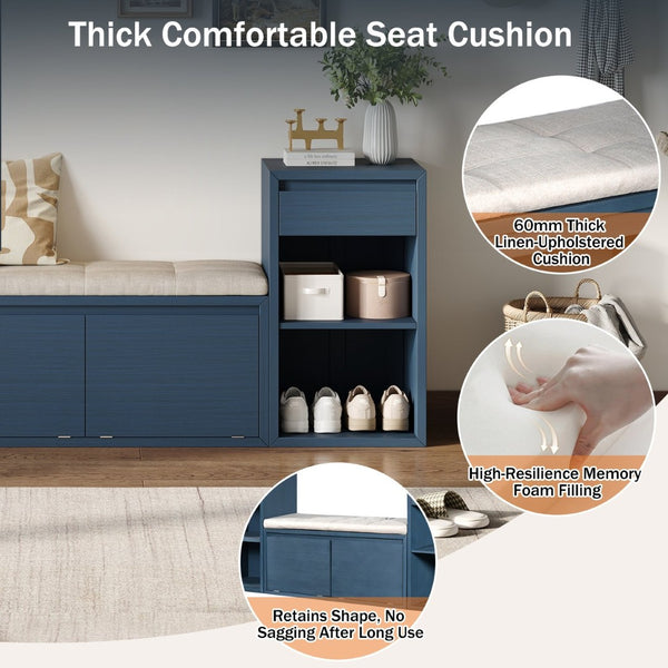 English Elm Trexm Cushioned Mudroom Bench with Flip Compartments Drawers and Open Shelving Antique Navy N715P437150M
