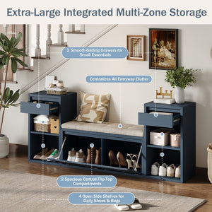 English Elm Trexm Cushioned Mudroom Bench with Flip Compartments Drawers and Open Shelving Antique Navy N715P437150M
