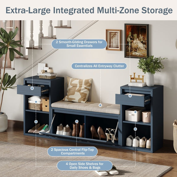 English Elm Trexm Cushioned Mudroom Bench with Flip Compartments Drawers and Open Shelving Antique Navy N715P437150M