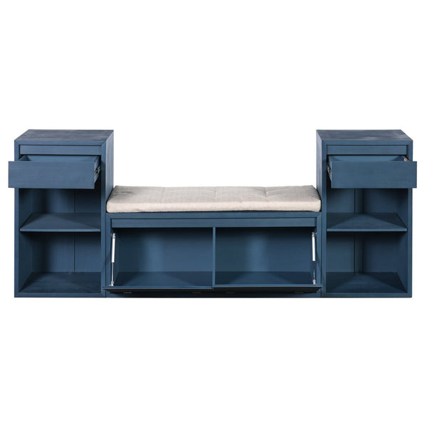 English Elm Trexm Cushioned Mudroom Bench with Flip Compartments Drawers and Open Shelving Antique Navy N715P437150M