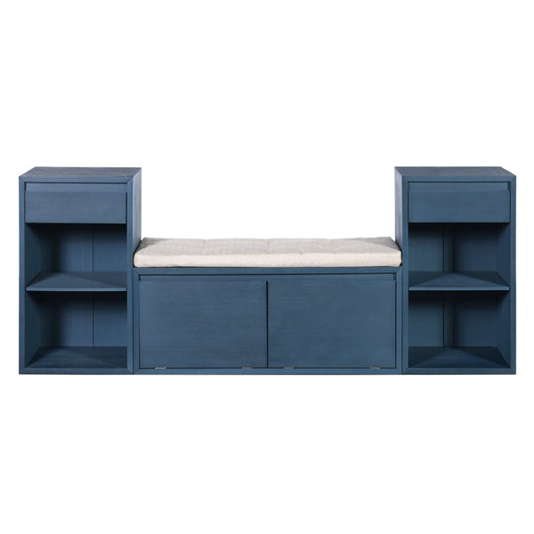 English Elm Trexm Cushioned Mudroom Bench with Flip Compartments Drawers and Open Shelving Antique Navy N715P437150M