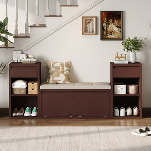 English Elm Trexm Cushioned Mudroom Bench with Flip Compartments Drawers and Open Shelving Espresso N715P437150P