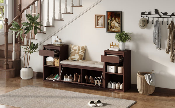 English Elm Trexm Cushioned Mudroom Bench with Flip Compartments Drawers and Open Shelving Espresso N715P437150P