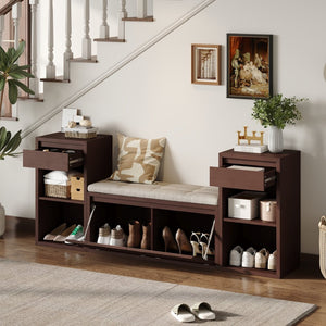 English Elm Trexm Cushioned Mudroom Bench with Flip Compartments Drawers and Open Shelving Espresso N715P437150P