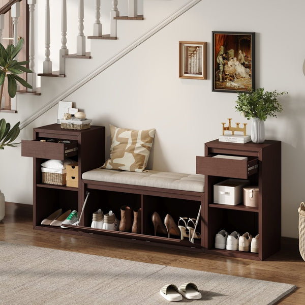 English Elm Trexm Cushioned Mudroom Bench with Flip Compartments Drawers and Open Shelving Espresso N715P437150P