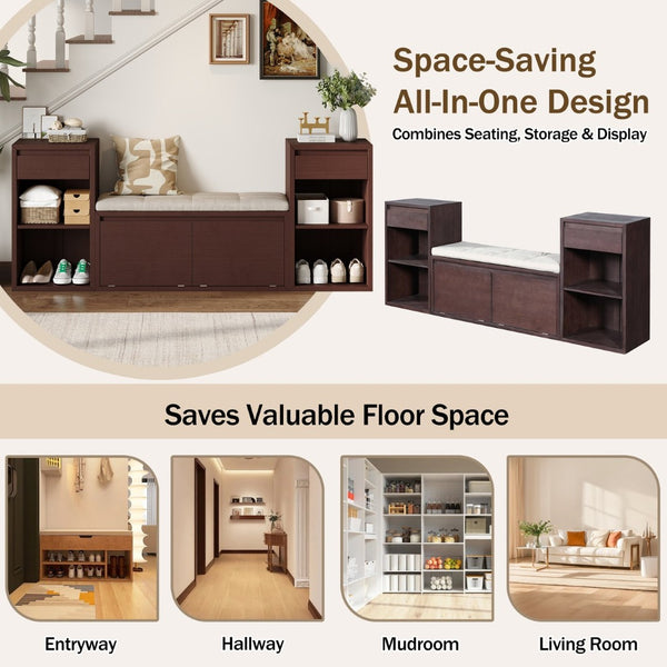 English Elm Trexm Cushioned Mudroom Bench with Flip Compartments Drawers and Open Shelving Espresso N715P437150P