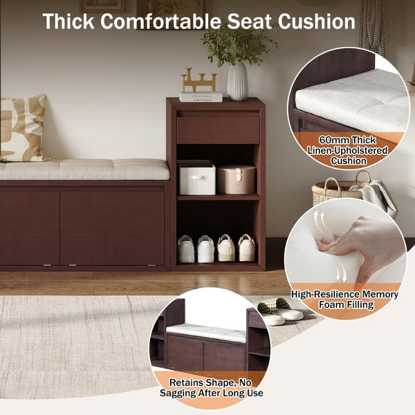 English Elm Trexm Cushioned Mudroom Bench with Flip Compartments Drawers and Open Shelving Espresso N715P437150P