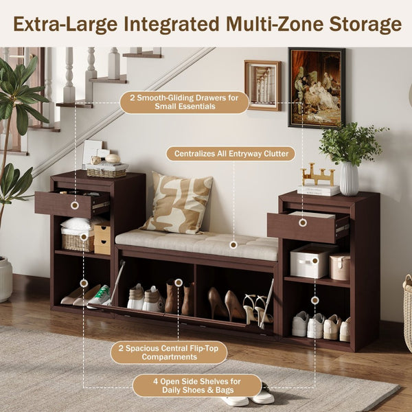 English Elm Trexm Cushioned Mudroom Bench with Flip Compartments Drawers and Open Shelving Espresso N715P437150P