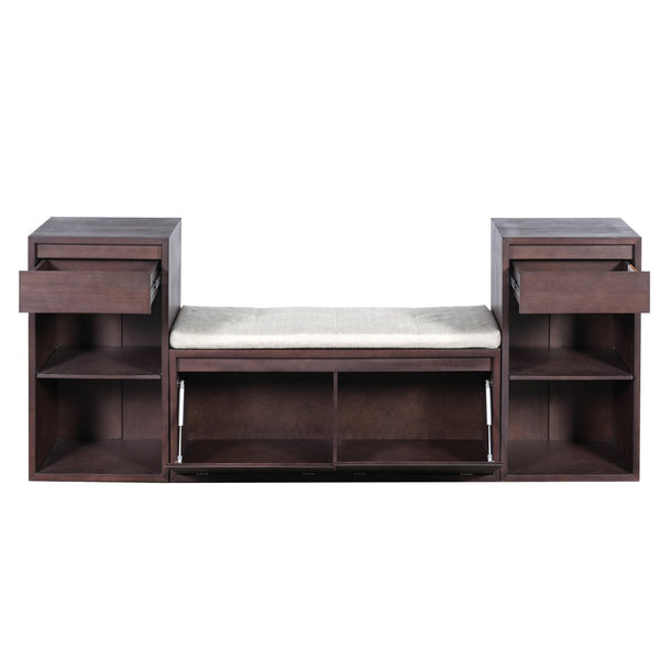 English Elm Trexm Cushioned Mudroom Bench with Flip Compartments Drawers and Open Shelving Espresso N715P437150P
