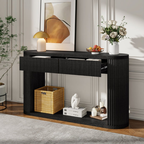 English Elm Trexm Fluted Oval Entryway Table Rubberwood Frame Two Drawers Open Bottom Shelf Black N715P458125B