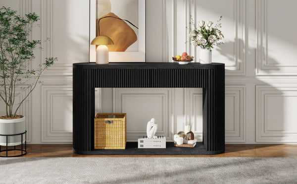 English Elm Trexm Fluted Oval Entryway Table Rubberwood Frame Two Drawers Open Bottom Shelf Black N715P458125B