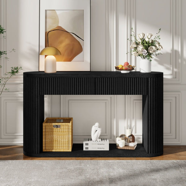 English Elm Trexm Fluted Oval Entryway Table Rubberwood Frame Two Drawers Open Bottom Shelf Black N715P458125B
