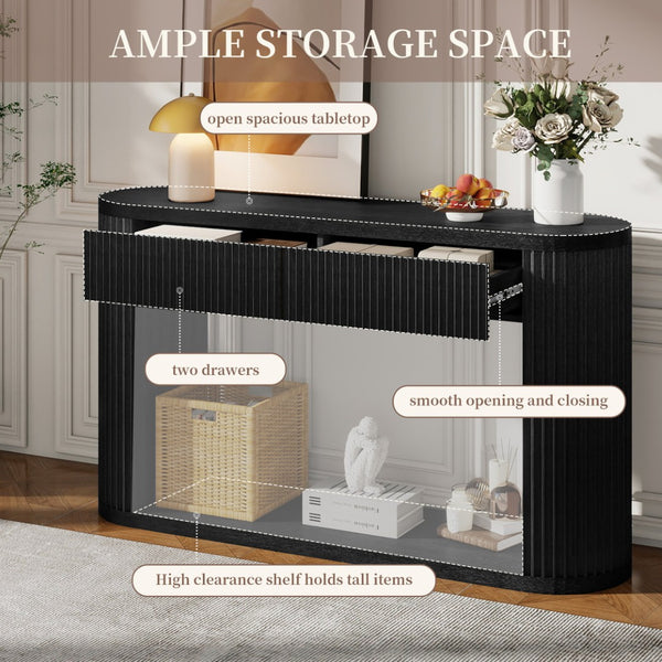 English Elm Trexm Fluted Oval Entryway Table Rubberwood Frame Two Drawers Open Bottom Shelf Black N715P458125B