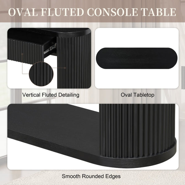 English Elm Trexm Fluted Oval Entryway Table Rubberwood Frame Two Drawers Open Bottom Shelf Black N715P458125B