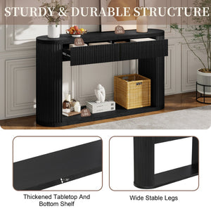 English Elm Trexm Fluted Oval Entryway Table Rubberwood Frame Two Drawers Open Bottom Shelf Black N715P458125B