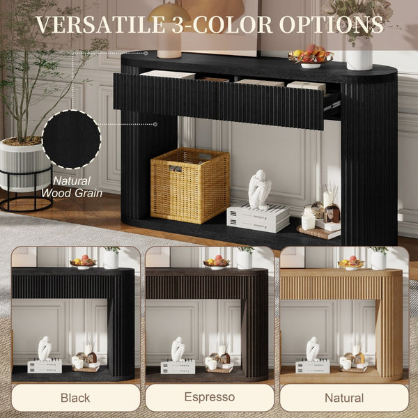English Elm Trexm Fluted Oval Entryway Table Rubberwood Frame Two Drawers Open Bottom Shelf Black N715P458125B