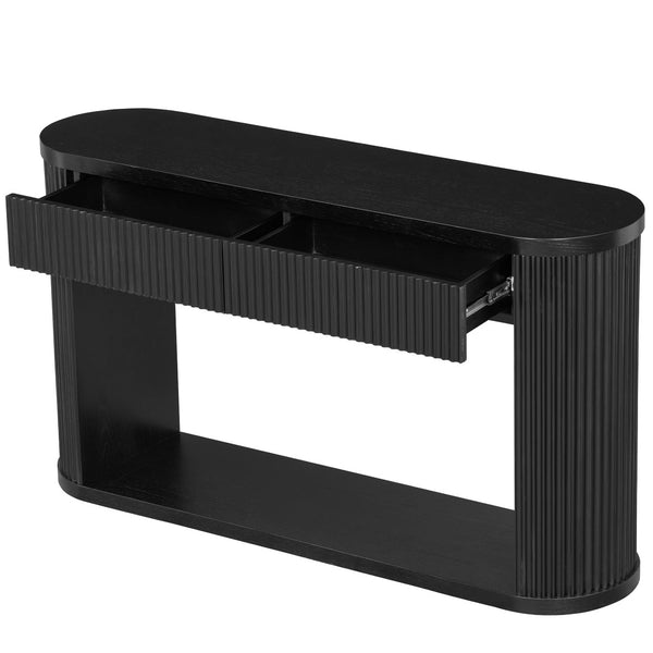 English Elm Trexm Fluted Oval Entryway Table Rubberwood Frame Two Drawers Open Bottom Shelf Black N715P458125B