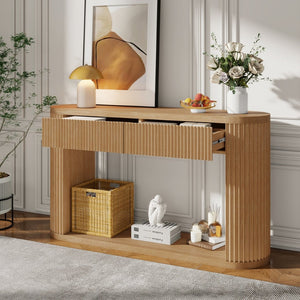 English Elm Trexm Fluted Oval Entryway Table Rubberwood Frame Two Drawers Open Bottom Shelf Natural N715P458125N