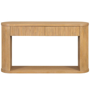 English Elm Trexm Fluted Oval Entryway Table Rubberwood Frame Two Drawers Open Bottom Shelf Natural N715P458125N