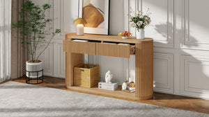English Elm Trexm Fluted Oval Entryway Table Rubberwood Frame Two Drawers Open Bottom Shelf Natural N715P458125N
