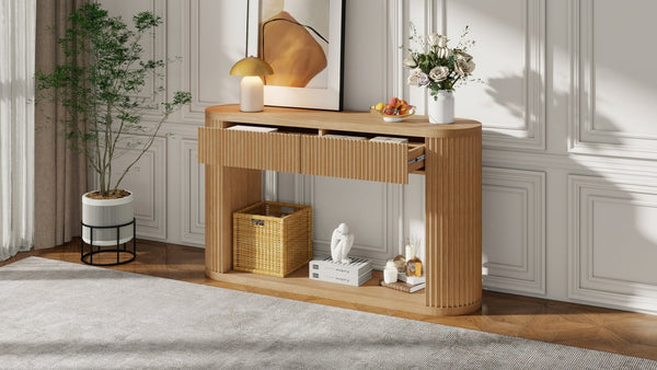 English Elm Trexm Fluted Oval Entryway Table Rubberwood Frame Two Drawers Open Bottom Shelf Natural N715P458125N